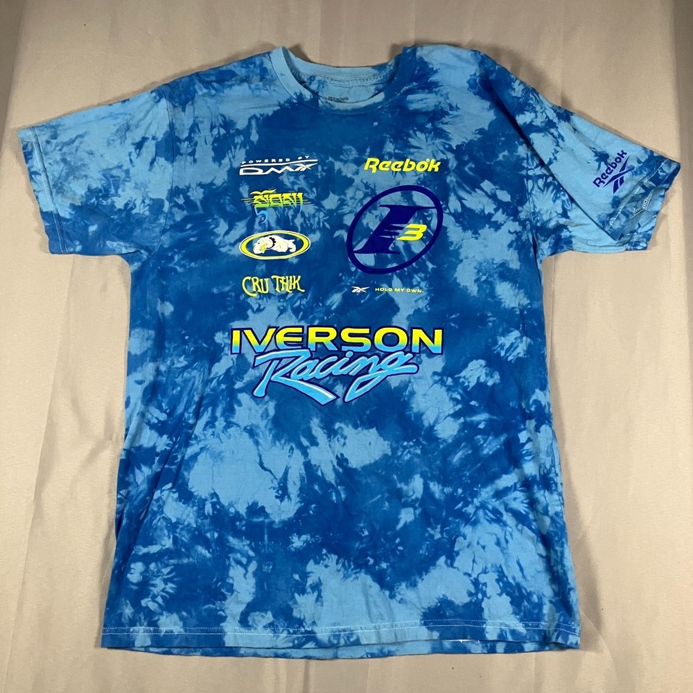 Reebok Iverson Racing T-Shirt Men's Large‎ Blue Tie Dye Graphic Tee